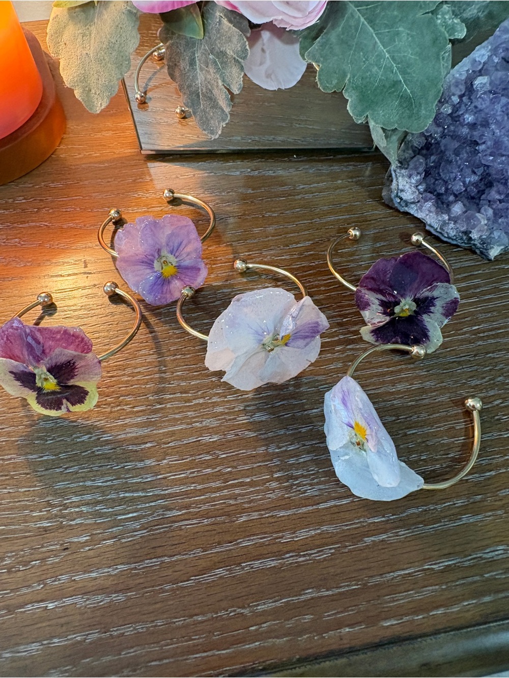 Pressed Flower Gold Cuff Bracelet - Pansy Accent (Purple, White, Lavender)